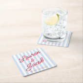 Modern Minimal Minimalist Blue Stripes Red Wedding スクエアペーパーコースター (インサイチュ)