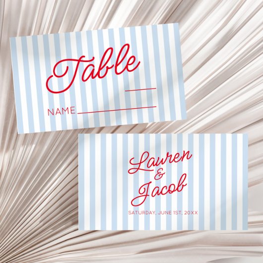 Modern Minimal Minimalist Blue Stripes Red Wedding プレイスカード