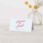 Modern Minimal Minimalist Blue Stripes Red Wedding プレイスカード (裏面)
