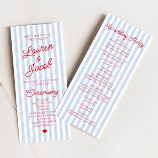 Modern Minimal Minimalist Blue Stripes Red Wedding プログラム