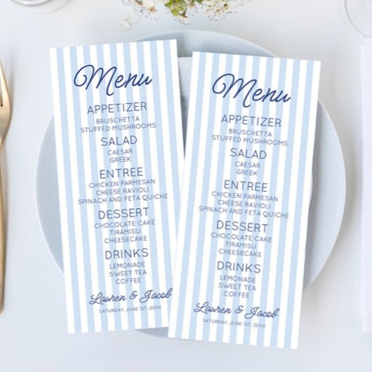 Modern Minimal Minimalist Blue Stripes Wedding メニュー