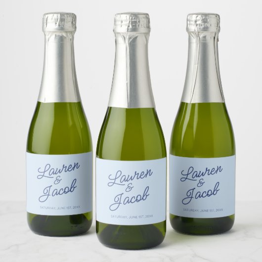 Modern Minimal Minimalist Blue Wedding Mini スパークリングワインラベル (ボトル)