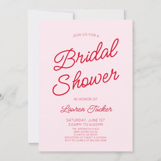 Modern Minimal Minimalist Pink Red Bridal Shower 招待状 (正面)