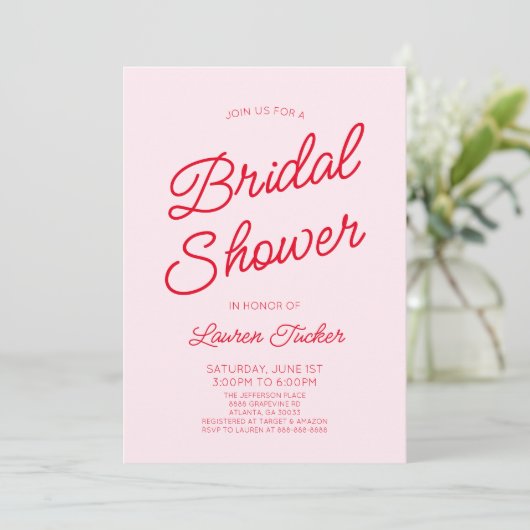 Modern Minimal Minimalist Pink Red Bridal Shower 招待状 (スタンド正面)