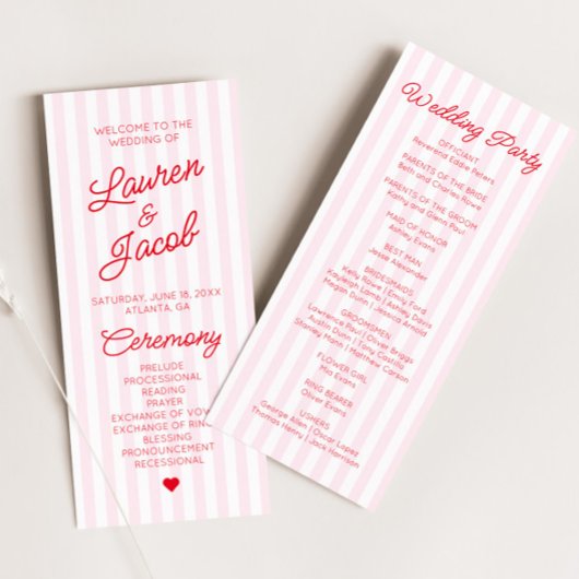 Modern Minimal Minimalist Red Pink Stripes Wedding プログラム