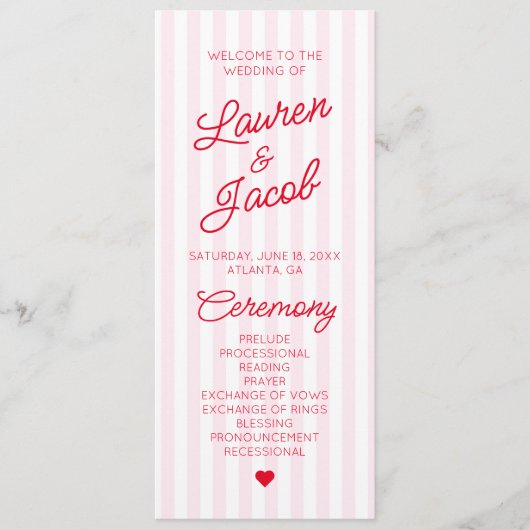 Modern Minimal Minimalist Red Pink Stripes Wedding プログラム (正面)