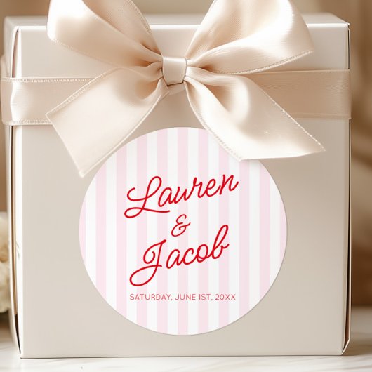 Modern Minimal Minimalist Red Pink Stripes Wedding ラウンドシール