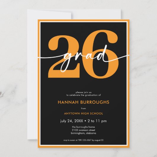 Modern Minimal Orange Script Graduation Party 招待状 (正面)