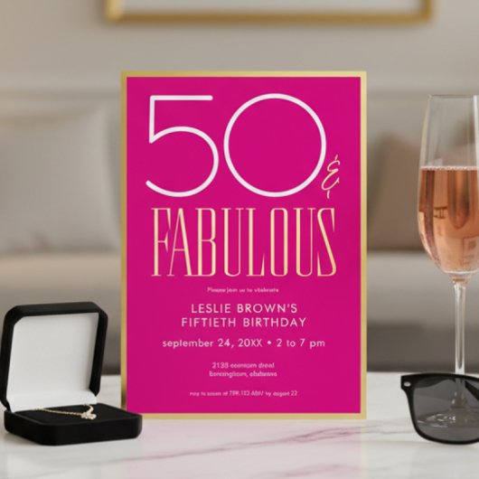 Modern Minimal Pink Fifty & Fabulous Birthday 箔招待状