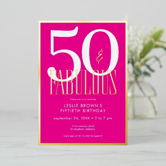 Modern Minimal Pink Fifty & Fabulous Birthday 箔招待状 (立ち正面)