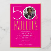 Modern Minimal Pink Fifty Fabulous Photo Birthday 箔招待状 (正面)
