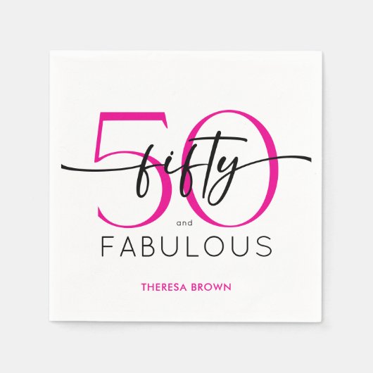Modern Minimal Pink Fifty Fabulous Script Birthday スタンダードカクテルナプキン (正面)