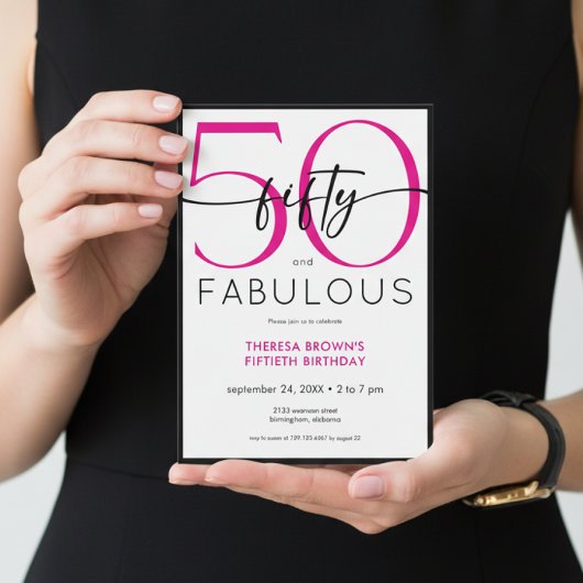 Modern Minimal Pink Fifty Fabulous Script Birthday 招待状