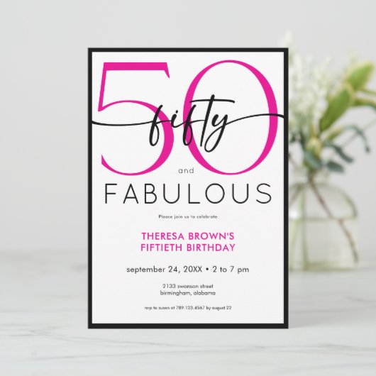Modern Minimal Pink Fifty Fabulous Script Birthday 招待状 (スタンド正面)