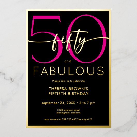 Modern Minimal Pink Fifty Fabulous Script Birthday 箔招待状 (正面)