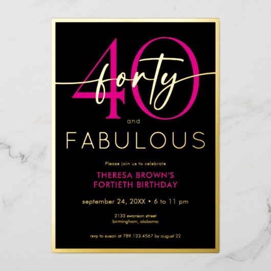 Modern Minimal Pink Forty Fabulous Script Birthday 箔招待状 (正面)