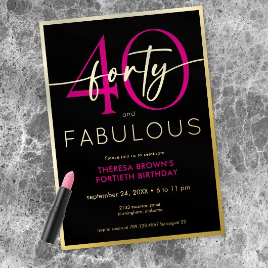 Modern Minimal Pink Forty Fabulous Script Birthday 箔招待状