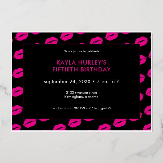 Modern Minimal Pink Lips She's Fifty Birthday 箔招待状 (裏面)