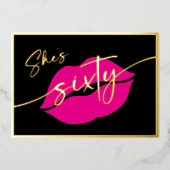 Modern Minimal Pink Lips She's Sixty Birthday 箔招待状 (正面)