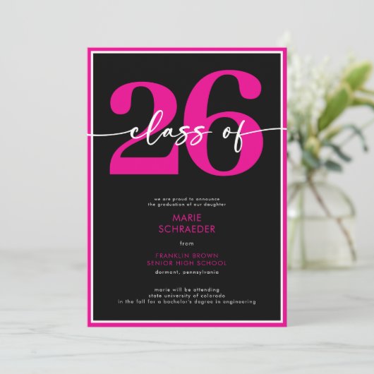 Modern Minimal Pink Script Graduation Announcement 招待状 (スタンド正面)