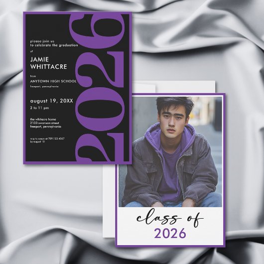 Modern Minimal Purple Typography Graduation Party 招待状