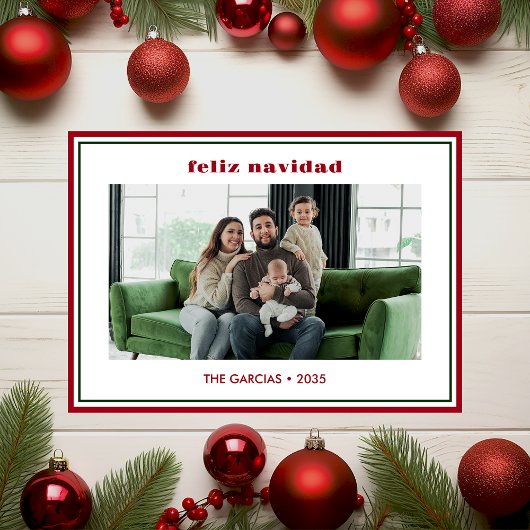 Modern Minimal Red Border Photo Feliz Navidad シーズンカード