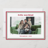 Modern Minimal Red Border Photo Feliz Navidad シーズンカード (正面)