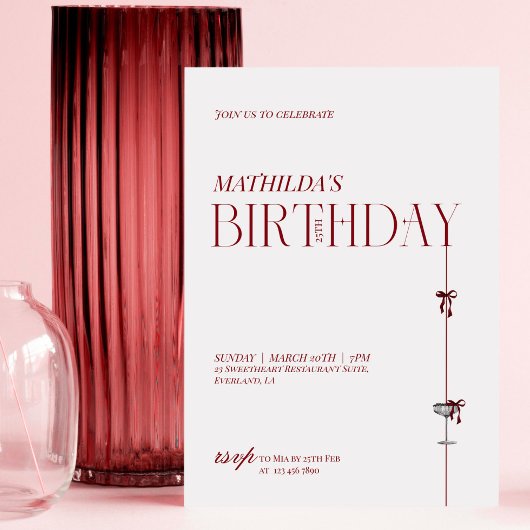 Modern Minimal Red Burgundy Bow Birthday 招待状
