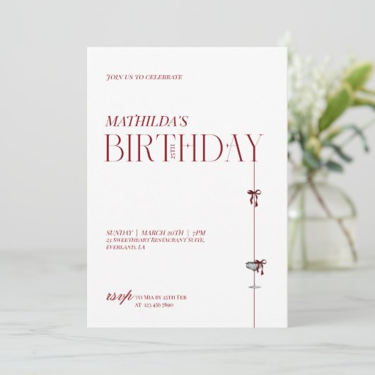 Modern Minimal Red Burgundy Bow Birthday 招待状 (スタンド正面)
