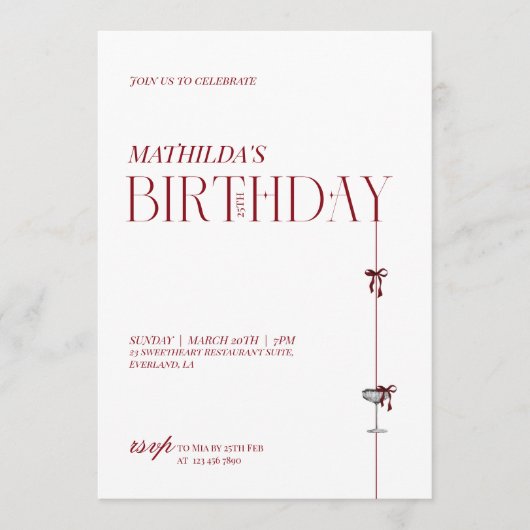 Modern Minimal Red Burgundy Bow Birthday 招待状 (正面)