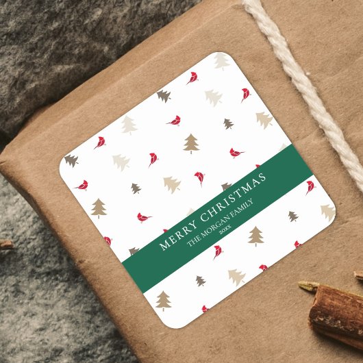 Modern Minimal Red Cardinal Christmas Tree Pattern スクエアシール