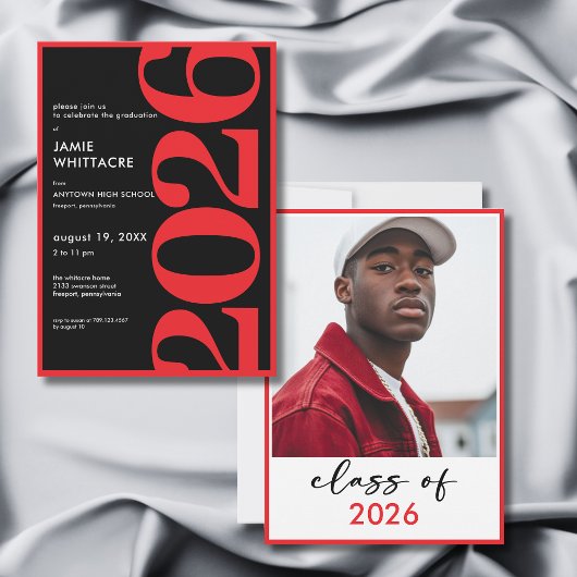 Modern Minimal Red Typography Graduation Party 招待状