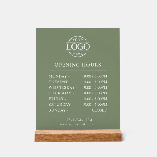 Modern Minimal Sage Green Business Opening Hours アクリルサイン (正面)