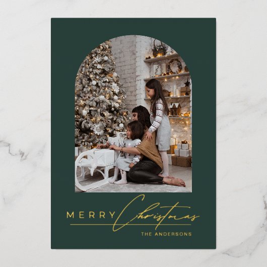 Modern Minimal Script Arch Photo Green Christmas 箔シーズンカード (正面)