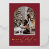 Modern Minimal Script Arch Photo Red Christmas 箔シーズンカード (正面)