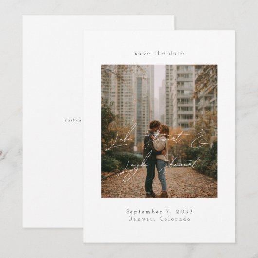 Modern Minimal Script Over Photo Wedding  セーブザデート (正面/裏面)