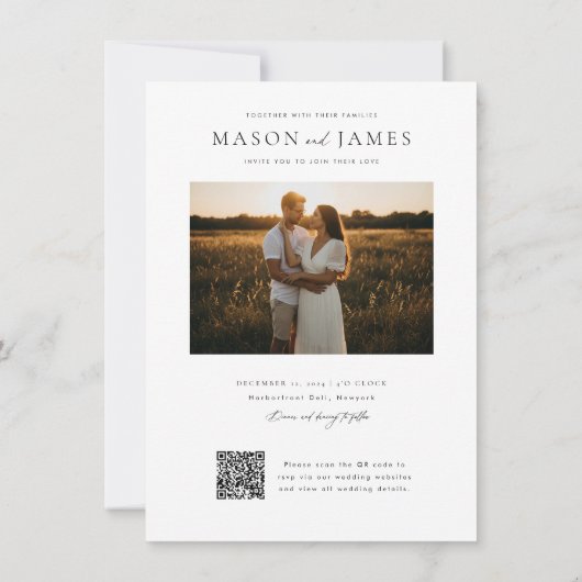 Modern Minimal Script QR Code Photo Budget Wedding 招待状 (裏面)