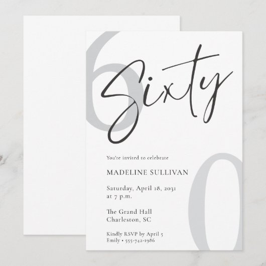 Modern Minimal Script Sixty 60th Birthday Party 招待状 (正面/裏面)