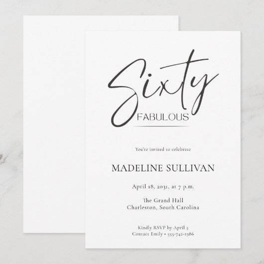 Modern Minimal Script Sixty 60th Birthday Party 招待状 (正面/裏面)
