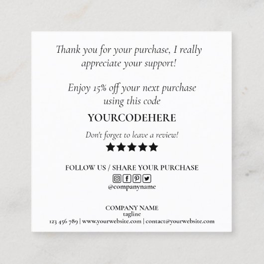 modern minimal script thank you for your order スクエア名刺 (裏面)