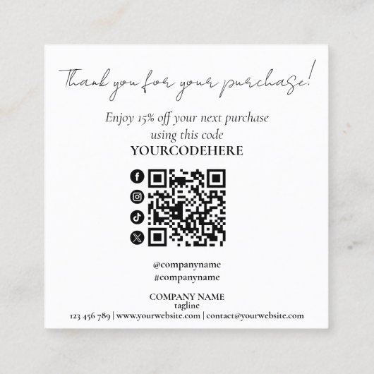 modern minimal script thank you for your order スクエア名刺 (裏面)