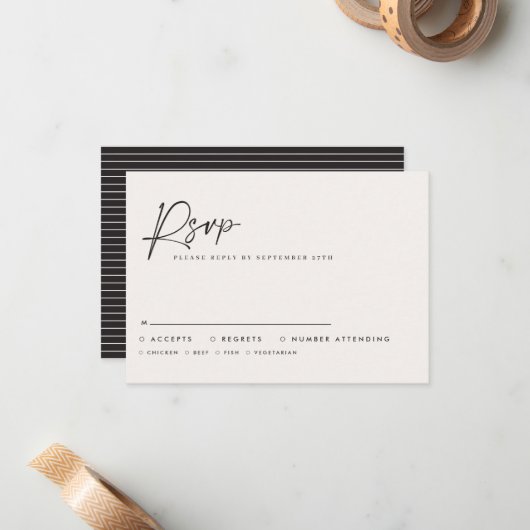 Modern Minimal Script Wedding RSVP with Stripe abc ノートカード (正面/裏面インサイチュ)