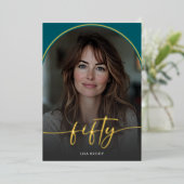 Modern Minimal Teal Arch Fiftieth Birthday 箔招待状 (立ち正面)