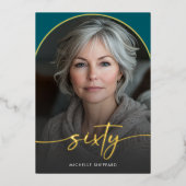 Modern Minimal Teal Arch Sixtieth Birthday 箔招待状 (正面)