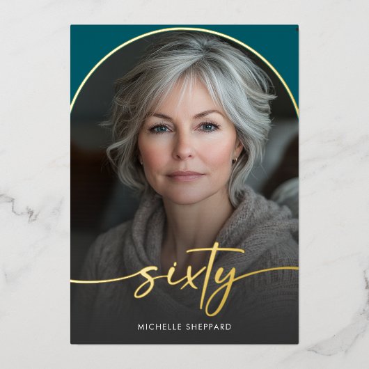 Modern Minimal Teal Arch Sixtieth Birthday 箔招待状 (正面)