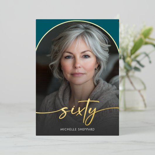 Modern Minimal Teal Arch Sixtieth Birthday 箔招待状 (立ち正面)