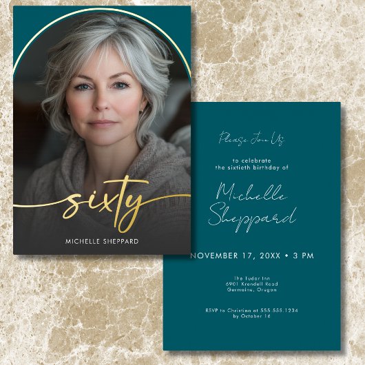 Modern Minimal Teal Arch Sixtieth Birthday 箔招待状