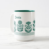 Modern Minimal Teal Folk Art Flowers Custom Name ツートーンマグカップ (正面左)