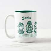 Modern Minimal Teal Folk Art Flowers Custom Name ツートーンマグカップ (左)