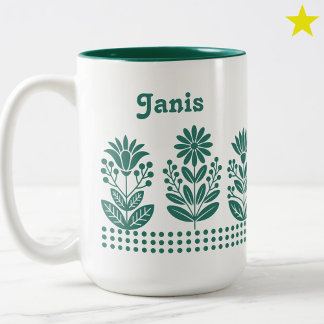 Modern Minimal Teal Folk Art Flowers Custom Name ツートーンマグカップ
